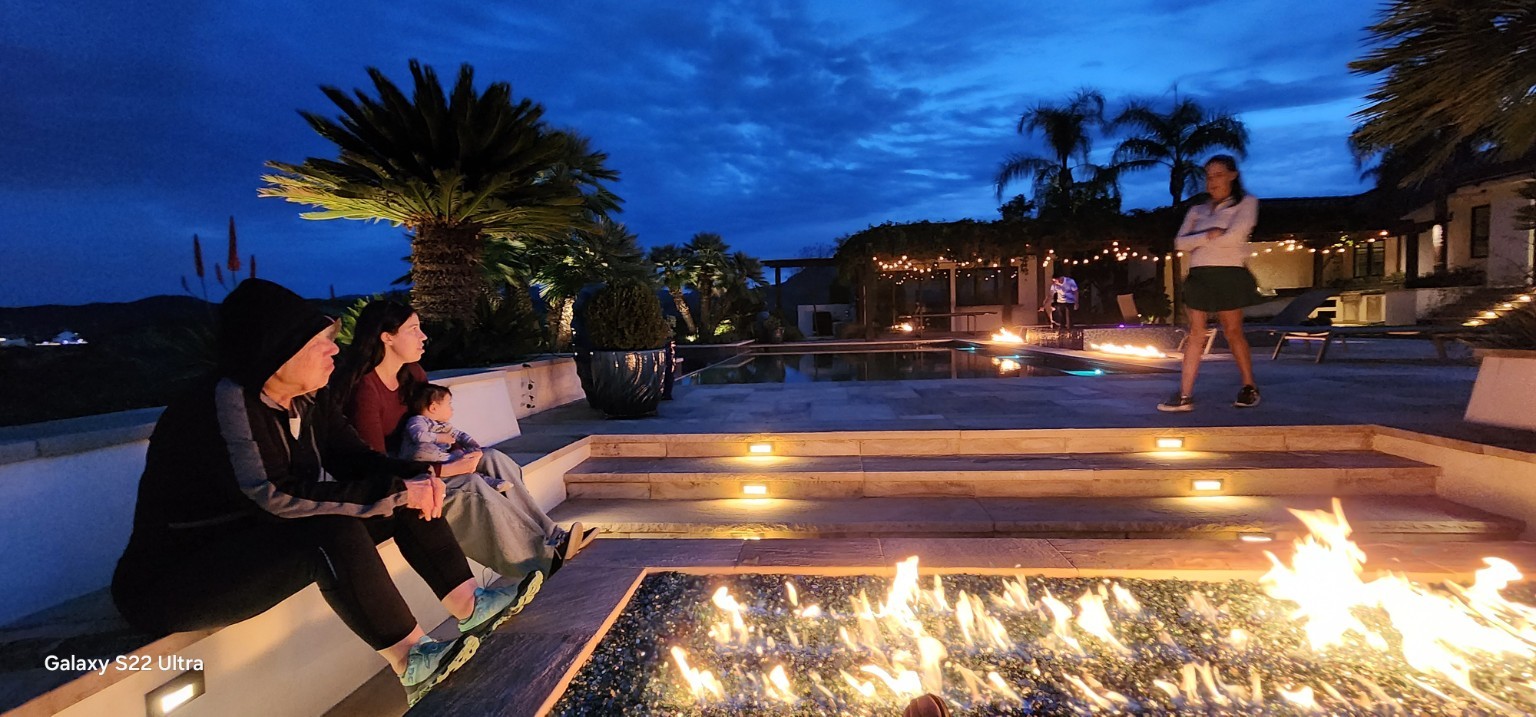 Outdoor seating, fire feature, and illuminated steps at Westlake Village